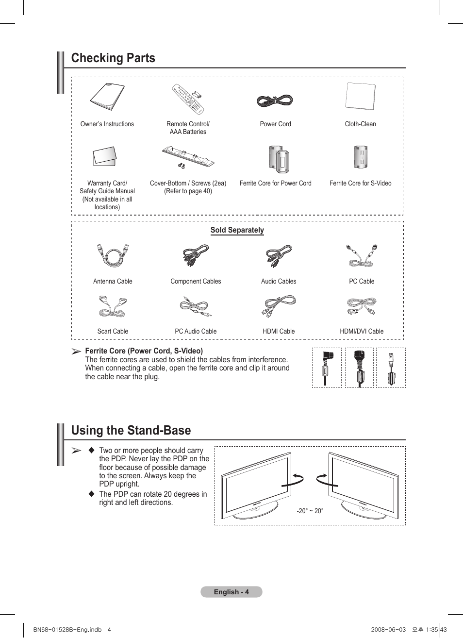 Checking parts, Using the stand-base | Samsung BN68-01528B-02 User Manual | Page 4 / 427