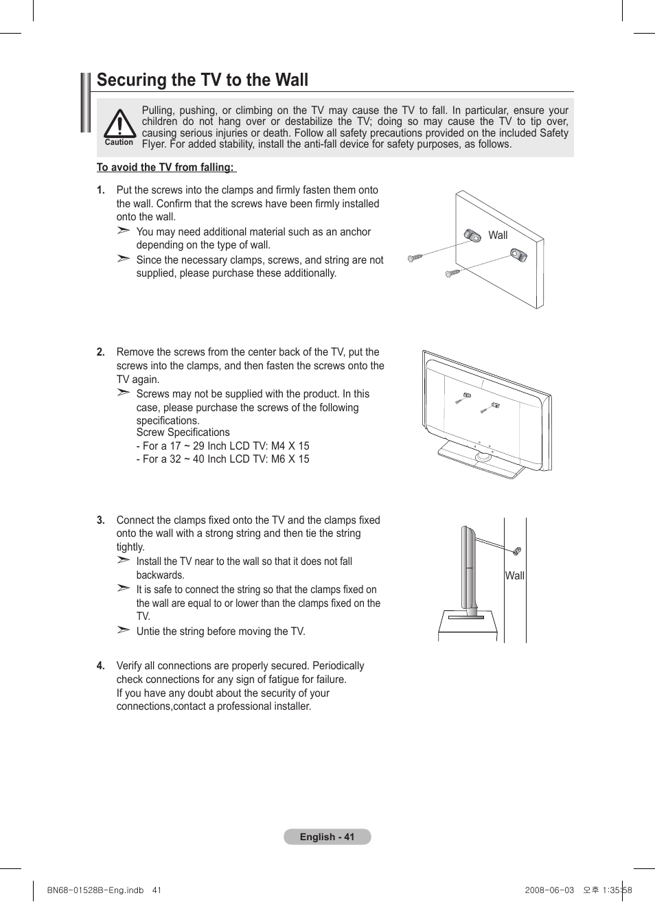 Securing the tv to the wall | Samsung BN68-01528B-02 User Manual | Page 41 / 427