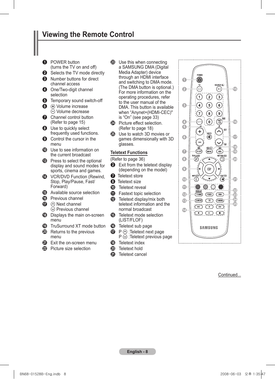 Viewing the remote control | Samsung BN68-01528B-02 User Manual | Page 8 / 427