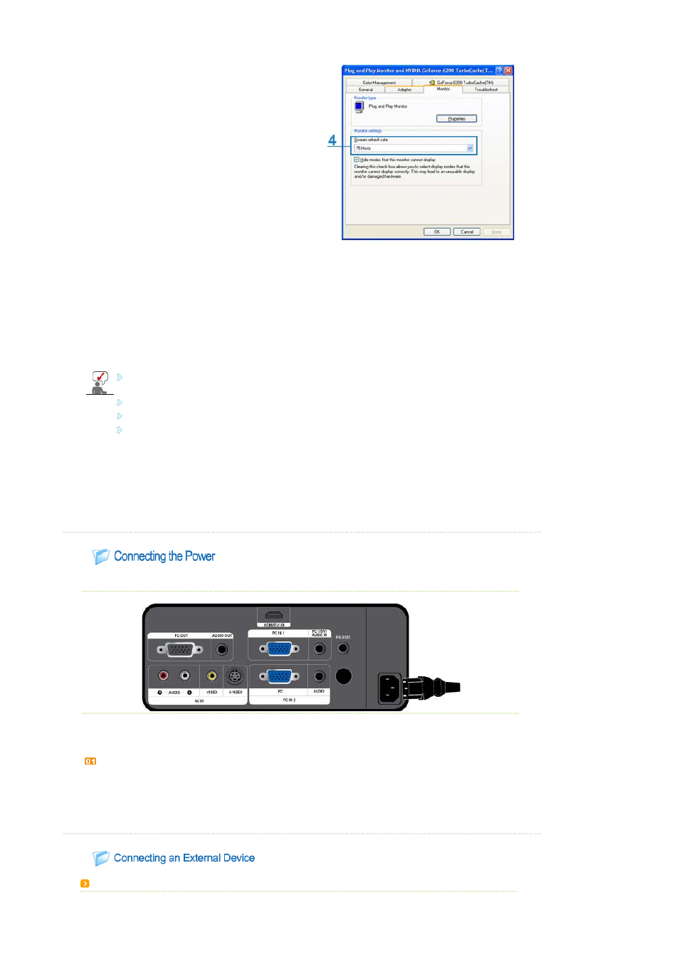 Connecting the power, Connecting an external device | Samsung SP-L250 User Manual | Page 19 / 37