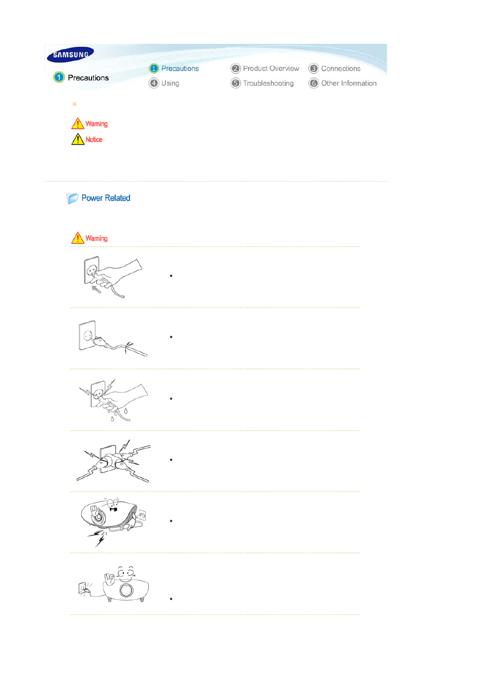 Precautions, Power related | Samsung SP-L250 User Manual | Page 2 / 37