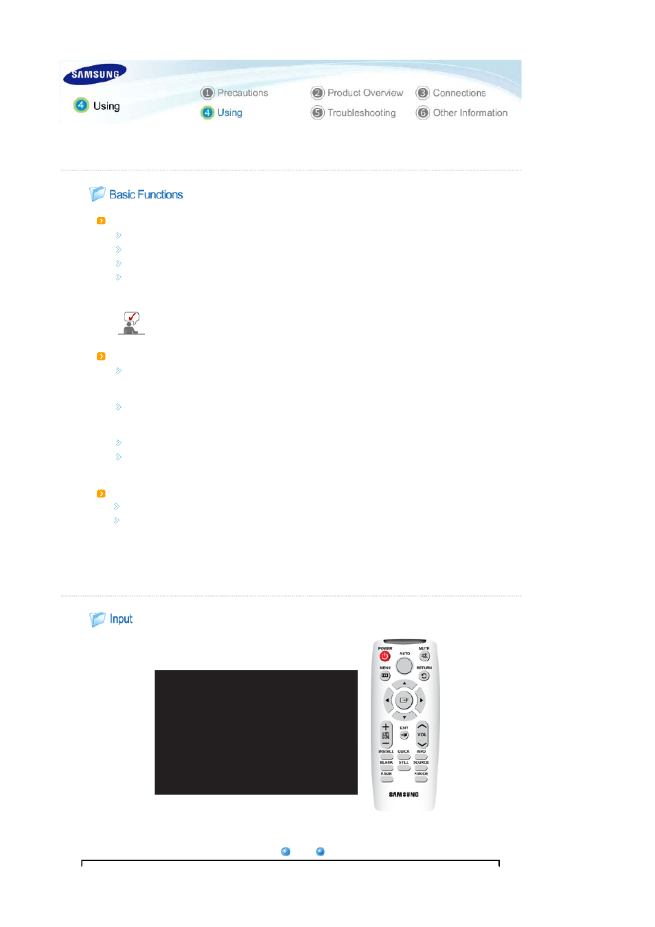 Using, Basic functions, Input | Samsung SP-L250 User Manual | Page 24 / 37