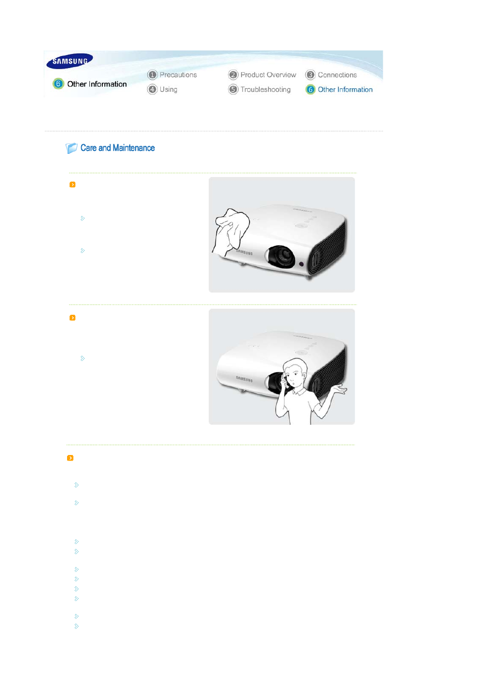 Other information, Care and maintenance | Samsung SP-L250 User Manual | Page 33 / 37