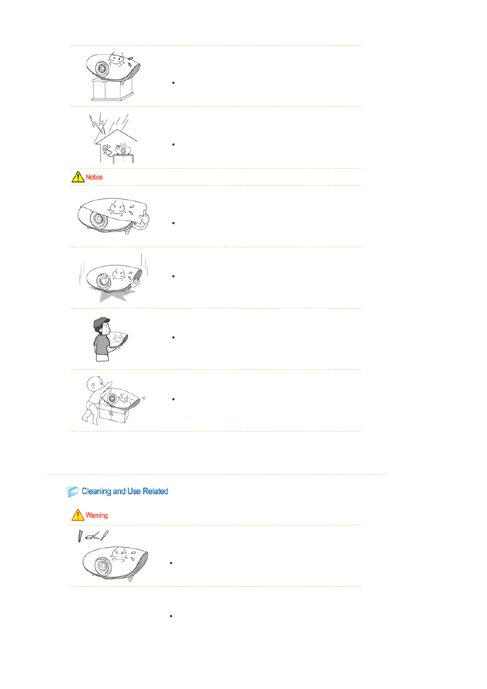Cleaning and use related | Samsung SP-L250 User Manual | Page 4 / 37
