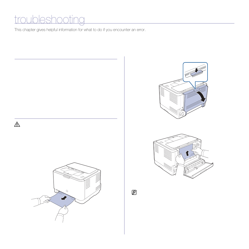 Troubleshooting, Tips for avoiding paper jams, Clearing paper jams | Samsung CLP-310N User Manual | Page 39 / 99