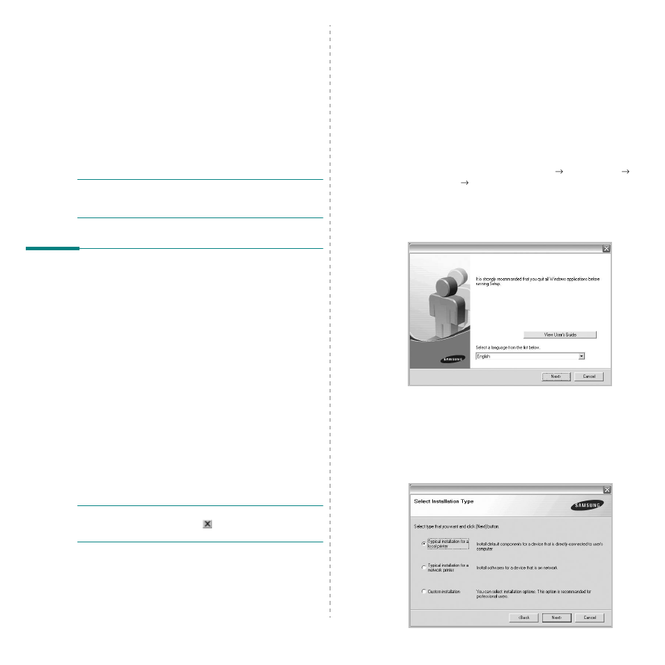 Installing printer software in windows, Installing printer software, Installing software for local printing | Chapter 1 | Samsung CLP-310N User Manual | Page 62 / 99