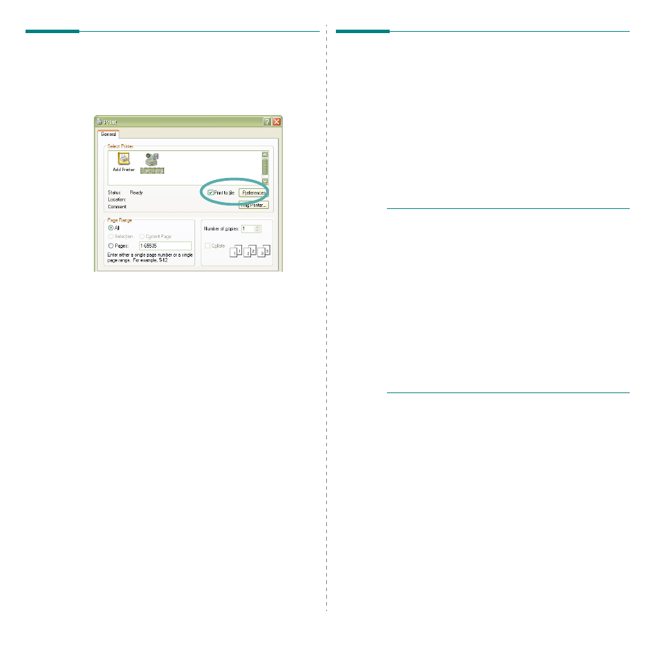 Printing to a file (prn), Printer settings, Printing to a file (prn) printer settings | Ee “printer | Samsung CLP-310N User Manual | Page 72 / 99