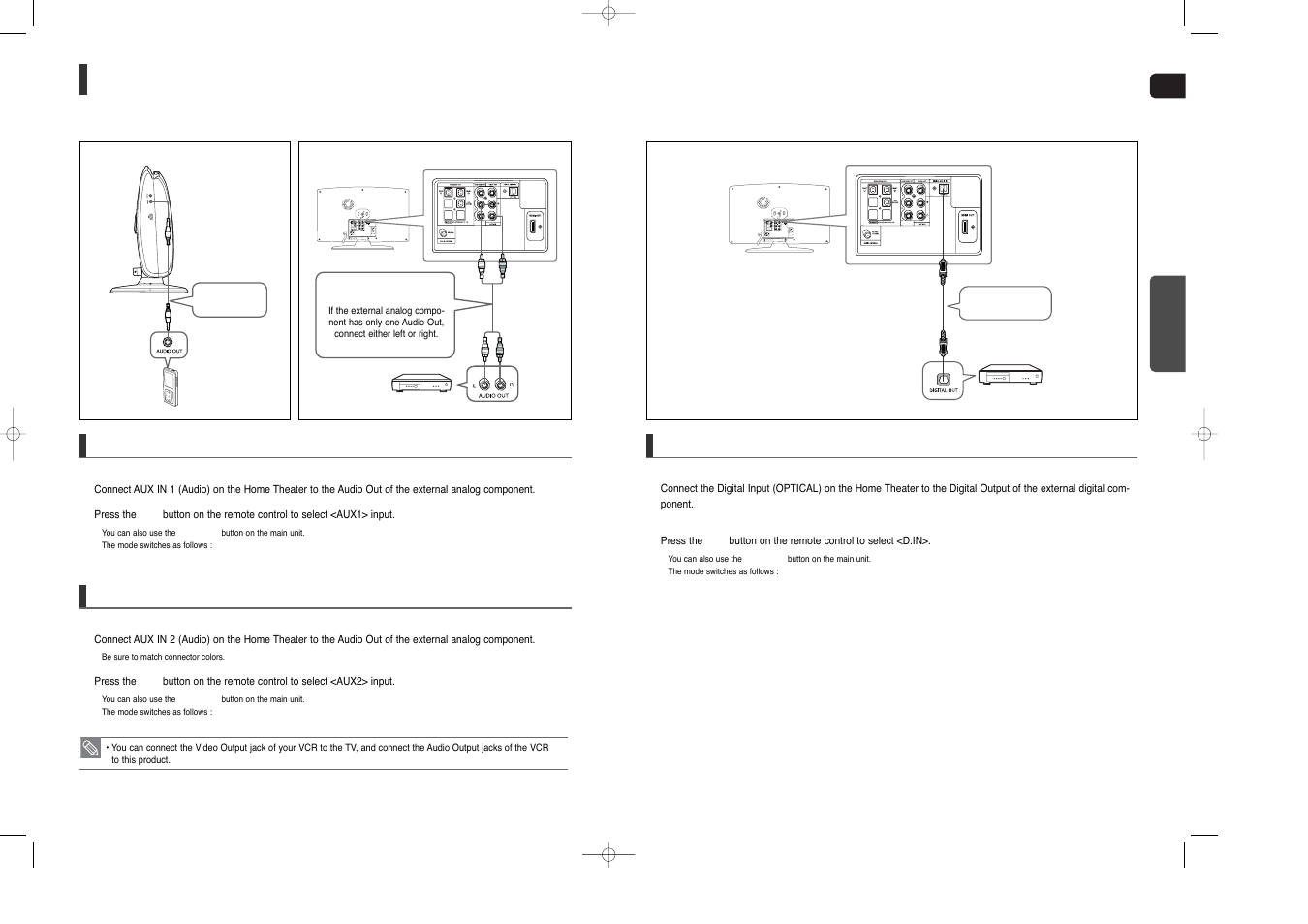 Connecting audio from external components, Aux2 : connecting an external analog component, Aux1 : connecting an external analog component | Optical : connecting an external digital component | Samsung HT-X200 User Manual | Page 10 / 30