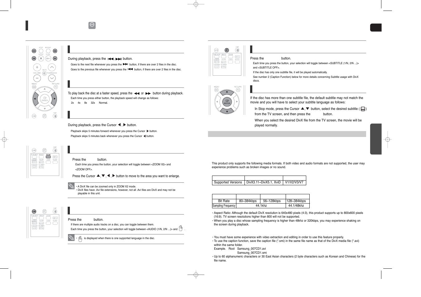 Divx playback, Skip forward/back, 5 minute skip function | Fast playback 1, Zoom function, Audio display, If the disc has more than one subtitle file, Subtitle display | Samsung HT-X200 User Manual | Page 14 / 30