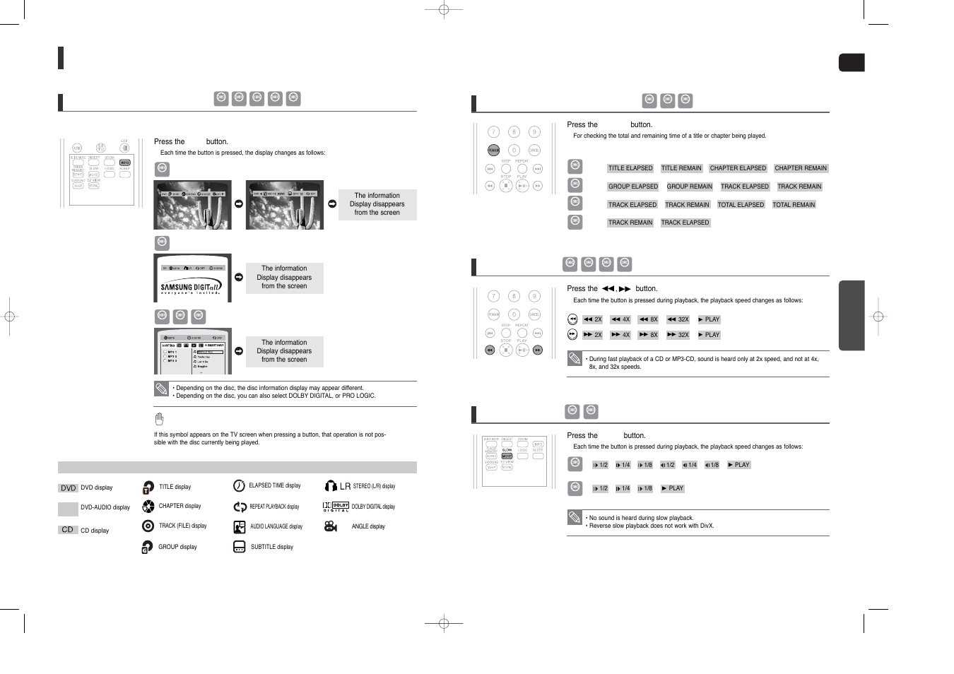 Using the playback function, Displaying disc information, Checking the remaining time | Fast playback, Slow playback, Gb opera tion | Samsung HT-X200 User Manual | Page 15 / 30