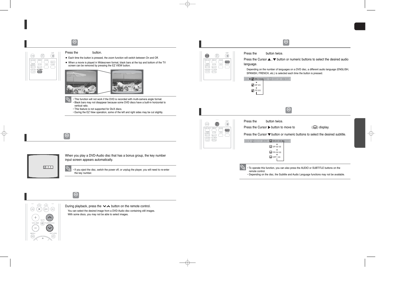 Using the playback function, Con’t), Ez view function | Bonus group, Navigating pages, Audio language selection function, Subtitle language selection function | Samsung HT-X200 User Manual | Page 18 / 30