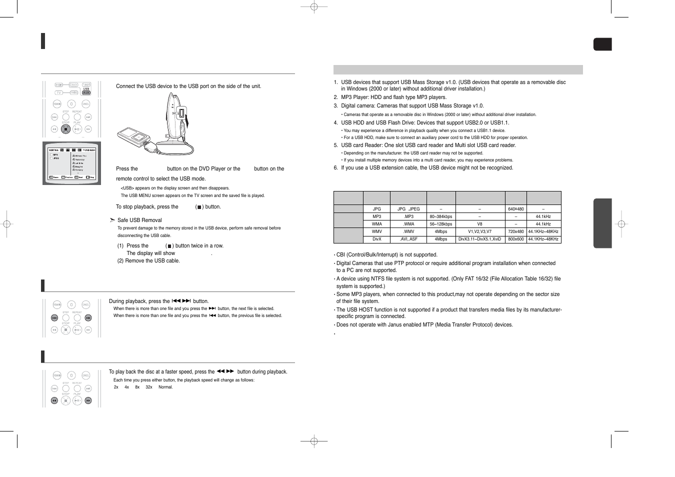 Playing media files using the usb host feature, Pho ne s u sb, Skip forward/back | Fast playback | Samsung HT-X200 User Manual | Page 20 / 30