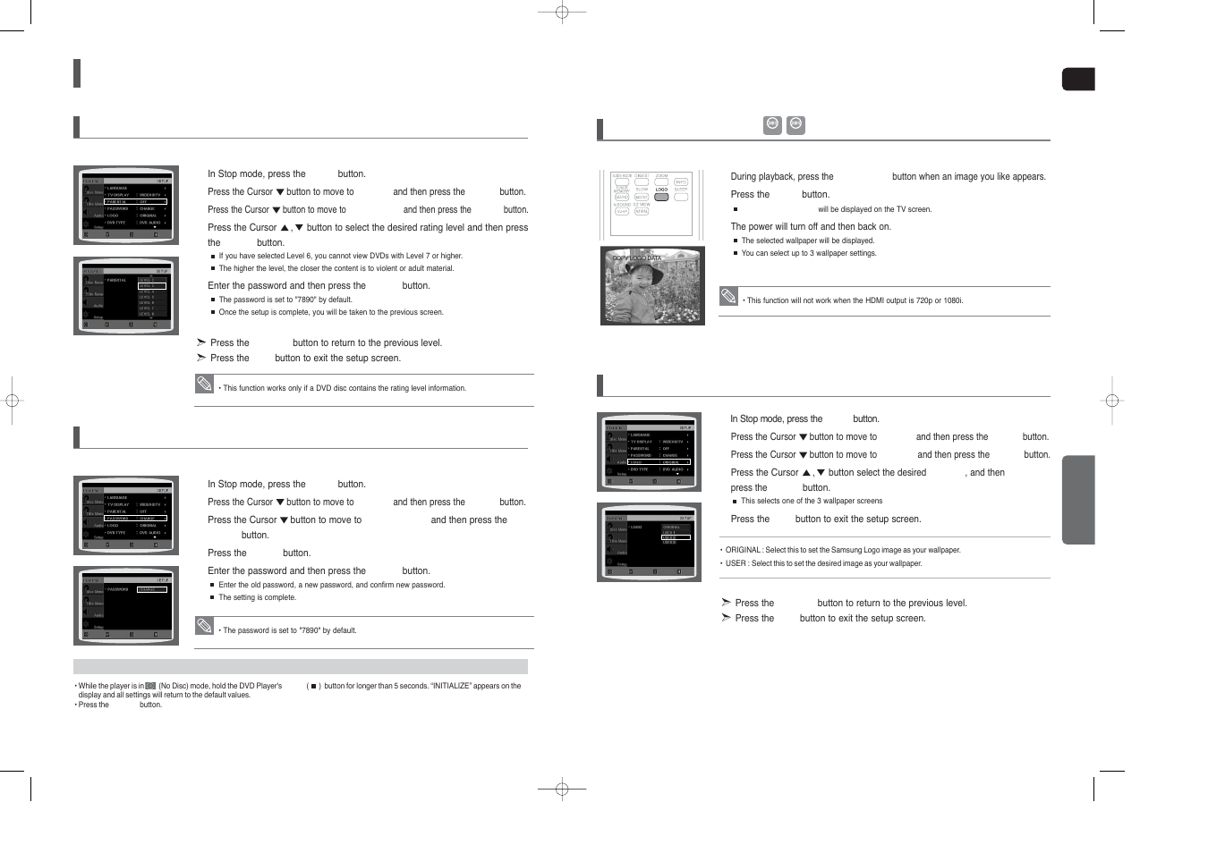 Settings, Con’t), Setting parental controls (rating level) | Setting the password | Samsung HT-X200 User Manual | Page 22 / 30