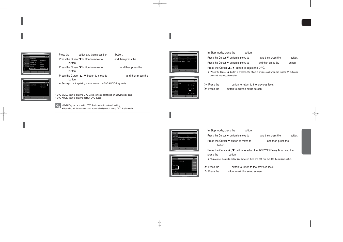 Settings, Con’t), Divx (r) registration | Dvd playback mode, Setting the av sync, Setting the drc (dynamic range compression) | Samsung HT-X200 User Manual | Page 23 / 30