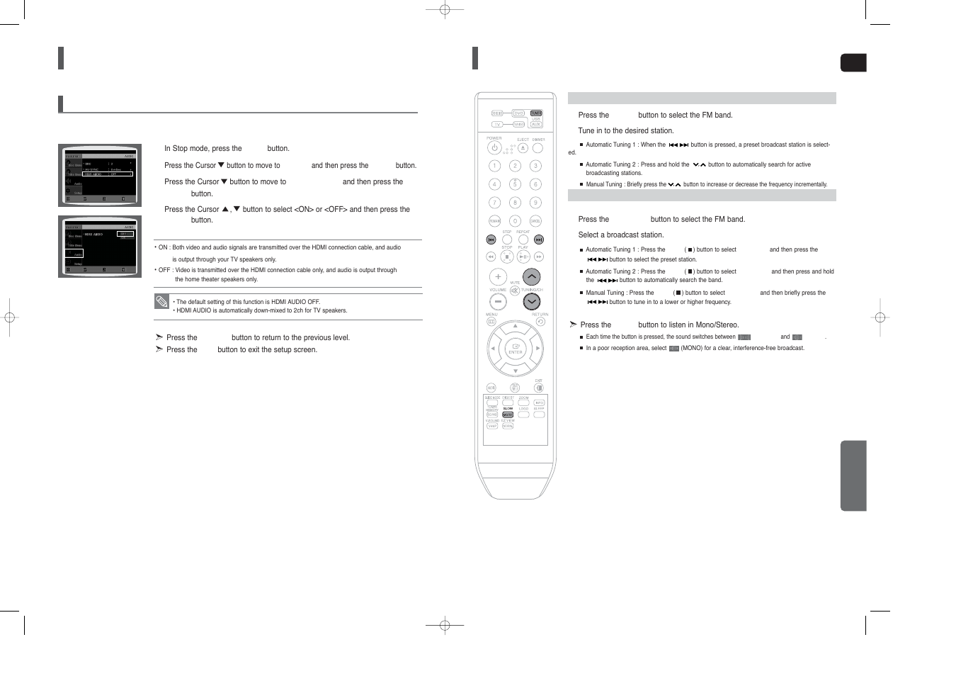 Listening to radio, Settings, Con’t) | Setting the hdmi audio | Samsung HT-X200 User Manual | Page 24 / 30