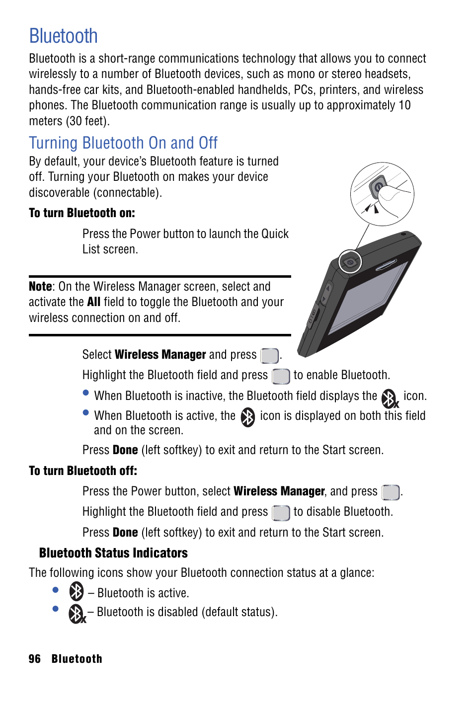 Bluetooth, Turning bluetooth on and off | Samsung SPH-I325 User Manual | Page 104 / 164