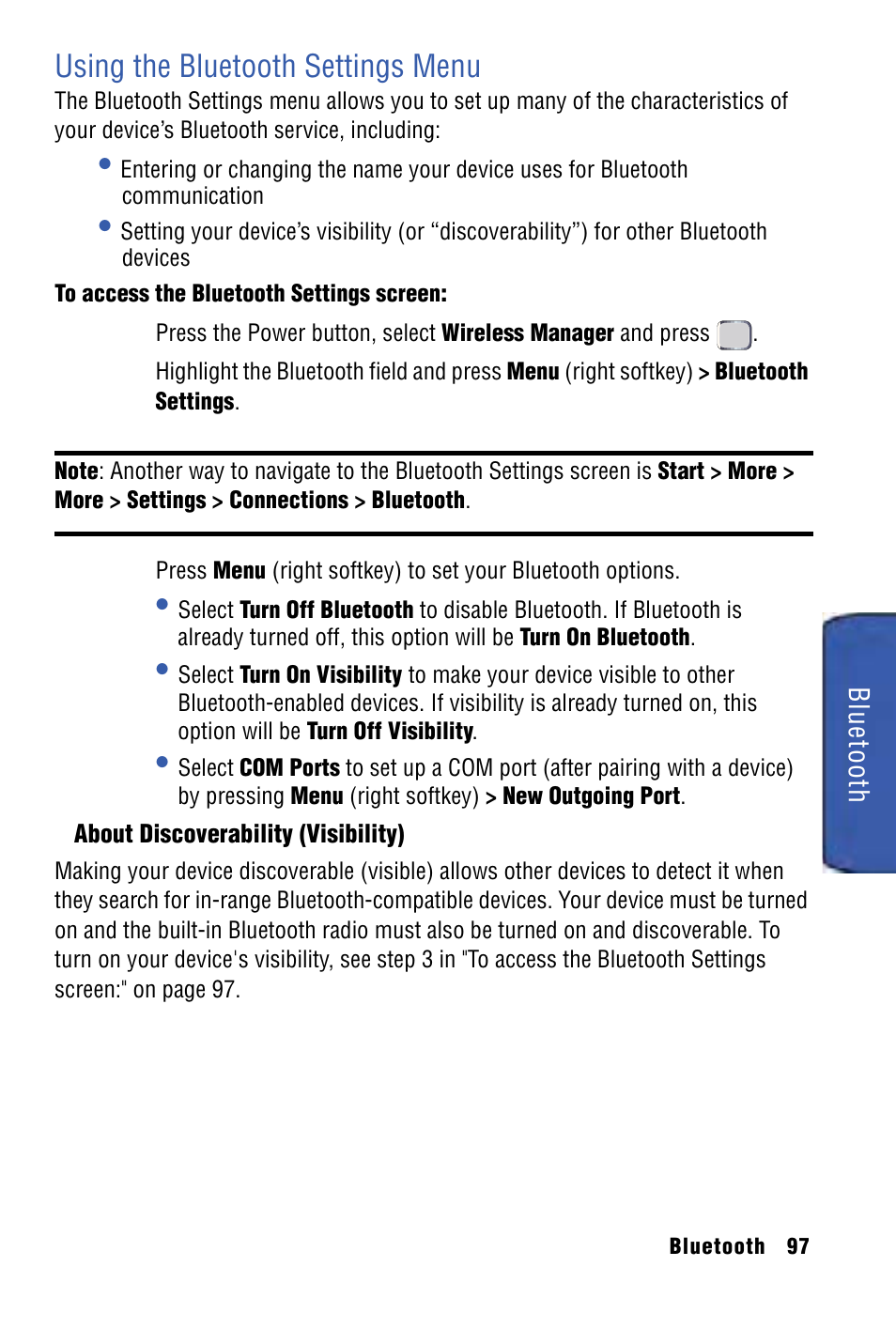 Using the bluetooth settings menu | Samsung SPH-I325 User Manual | Page 105 / 164