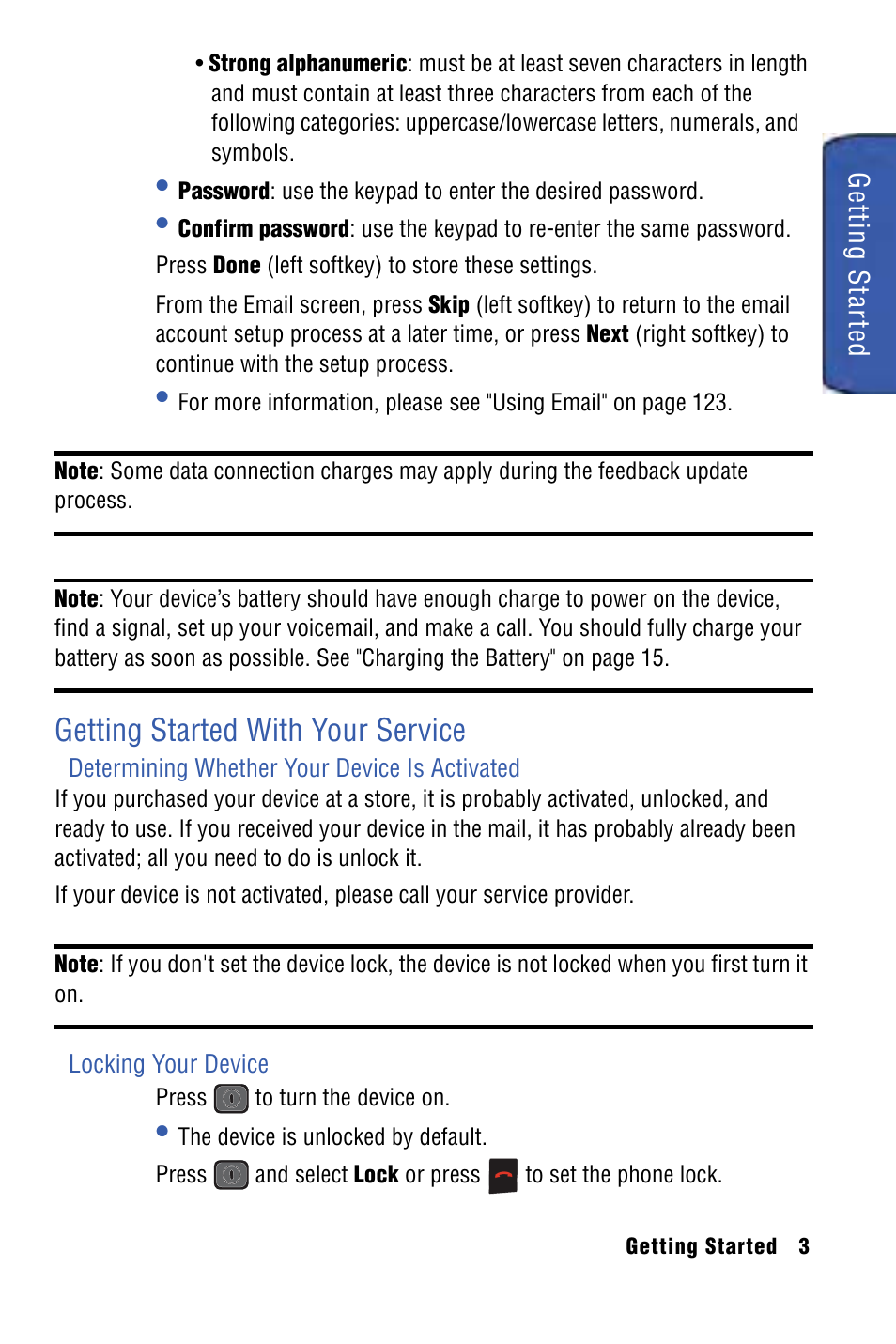 Getting started with your service, Determining whether your device is activated, Locking your device | Samsung SPH-I325 User Manual | Page 11 / 164