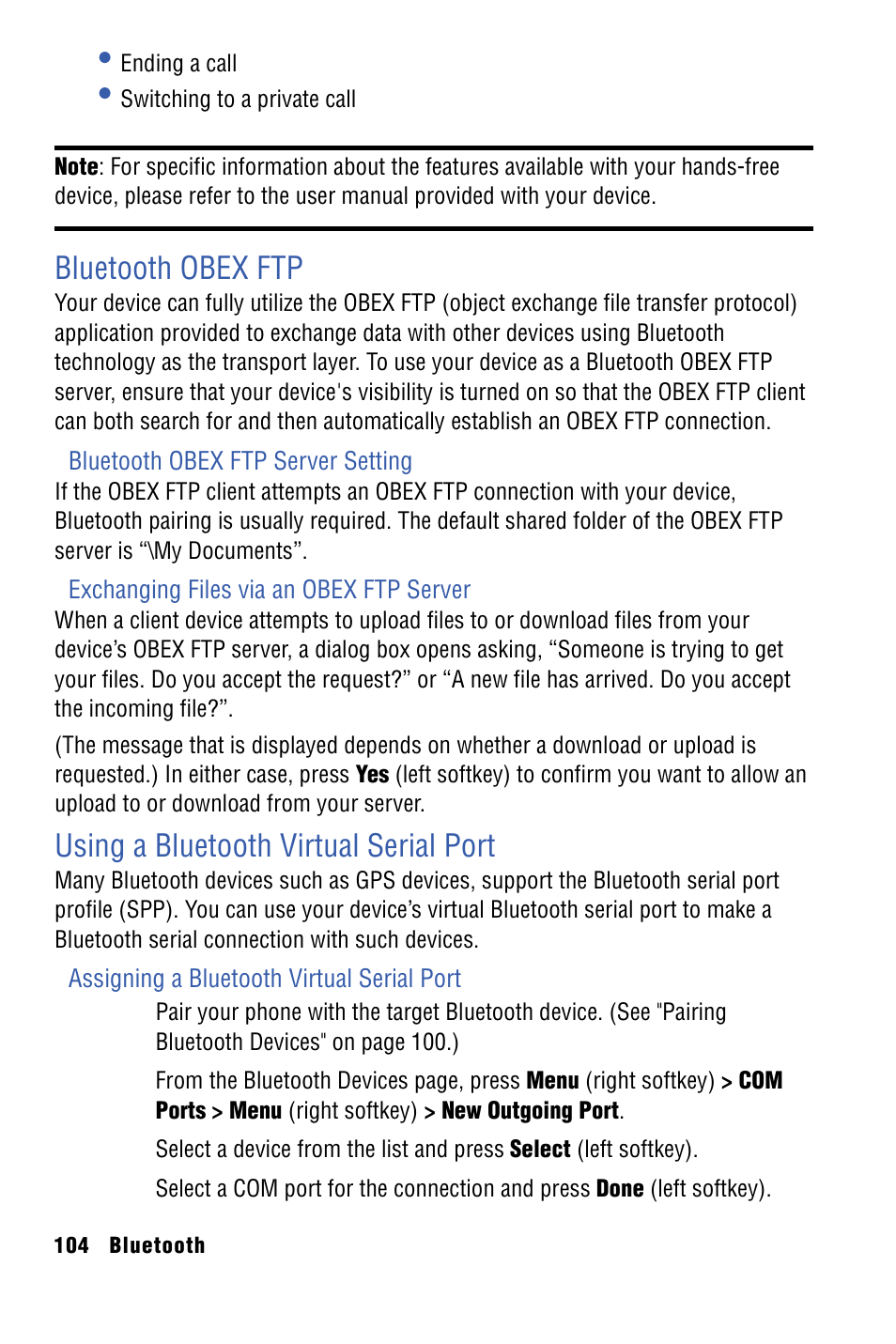 Bluetooth obex ftp, Using a bluetooth virtual serial port | Samsung SPH-I325 User Manual | Page 112 / 164