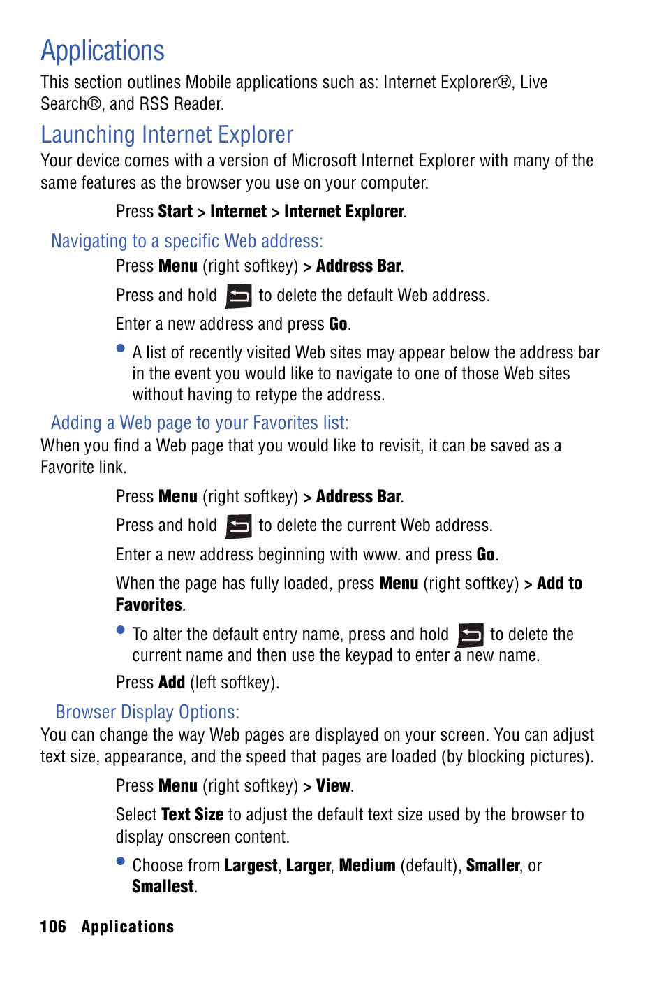Applications, Launching internet explorer | Samsung SPH-I325 User Manual | Page 114 / 164