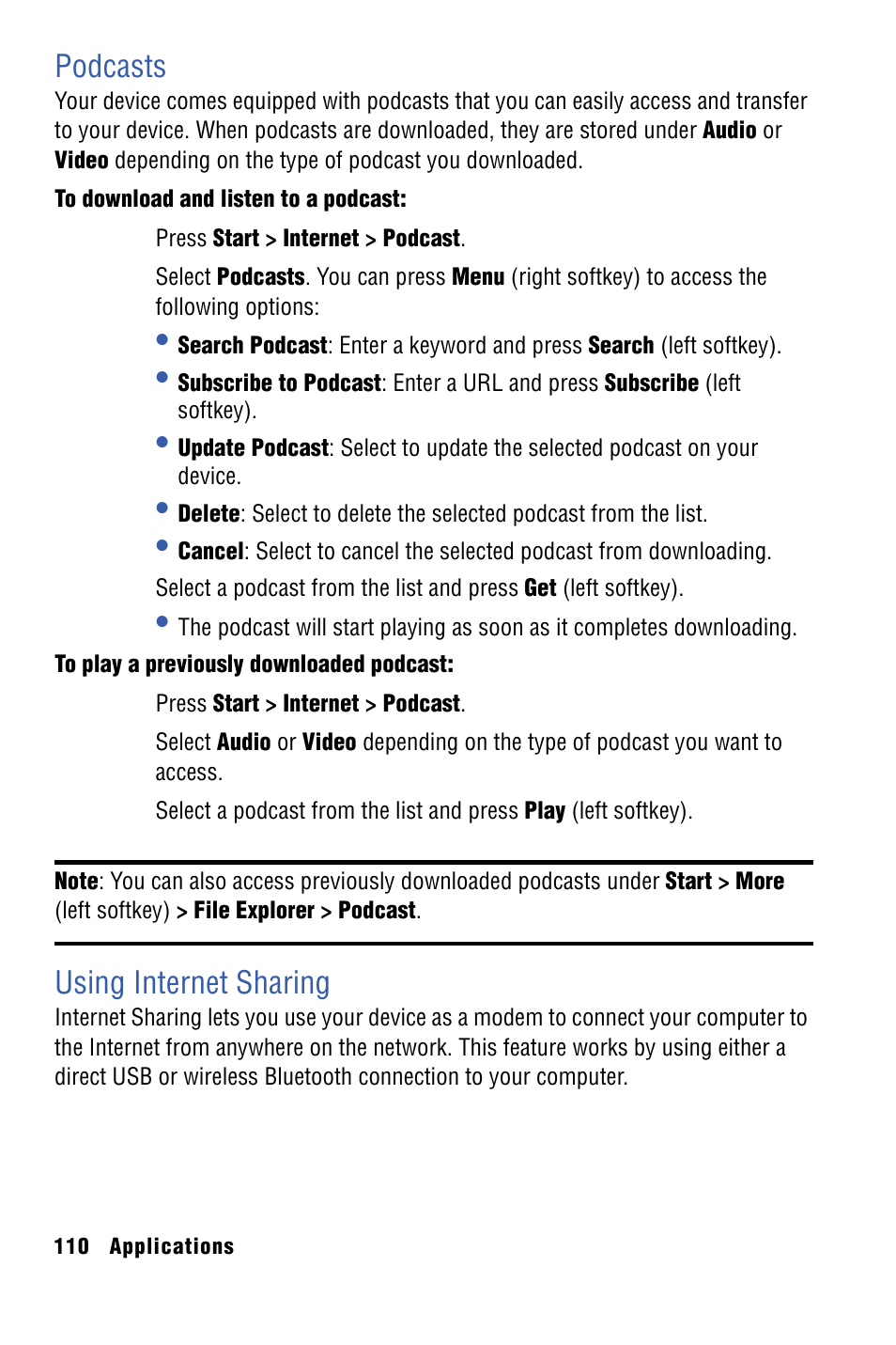 Podcasts, Using internet sharing | Samsung SPH-I325 User Manual | Page 118 / 164