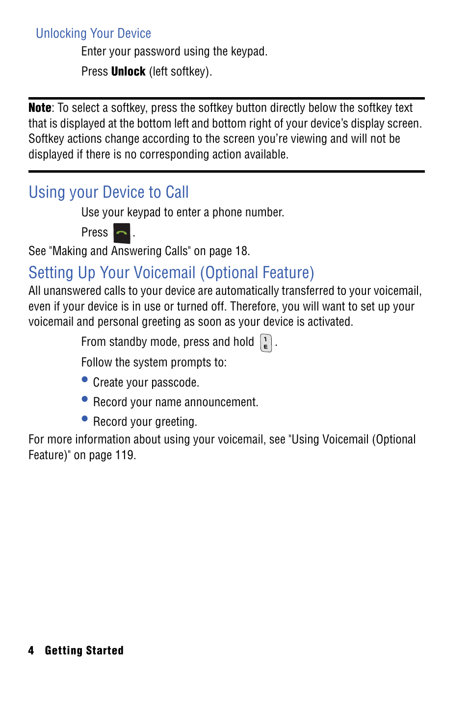 Unlocking your device, Using your device to call, Setting up your voicemail (optional feature) | Samsung SPH-I325 User Manual | Page 12 / 164