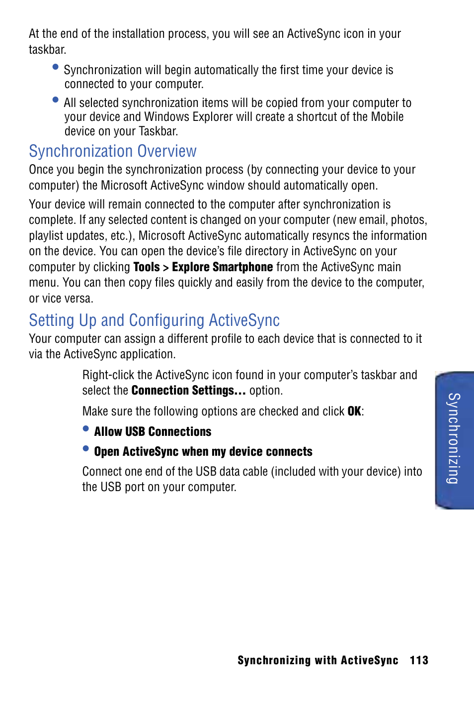 Synchronization overview, Setting up and configuring activesync | Samsung SPH-I325 User Manual | Page 121 / 164