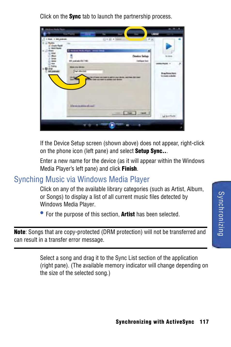 Synching music via windows media player | Samsung SPH-I325 User Manual | Page 125 / 164