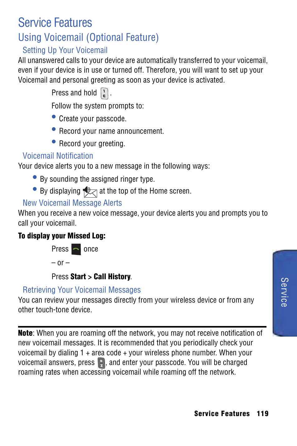 Service features, Using voicemail (optional feature) | Samsung SPH-I325 User Manual | Page 127 / 164
