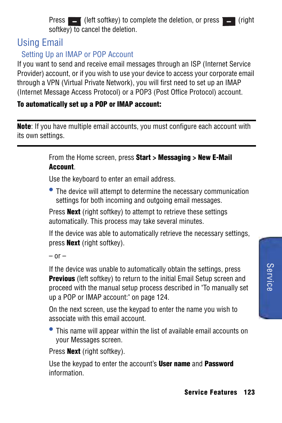 Using email, Service | Samsung SPH-I325 User Manual | Page 131 / 164