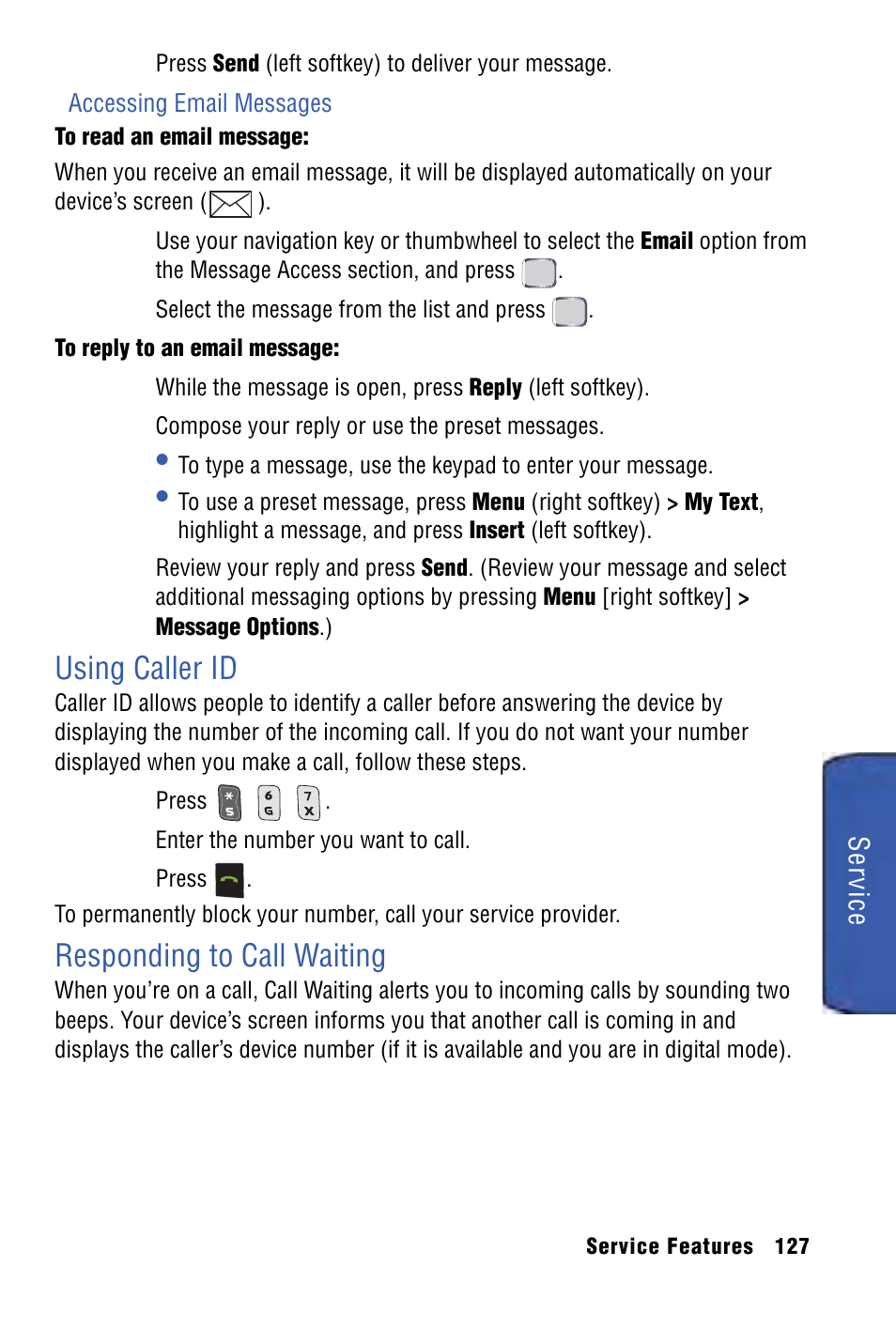 Using caller id, Responding to call waiting, Service | Samsung SPH-I325 User Manual | Page 135 / 164