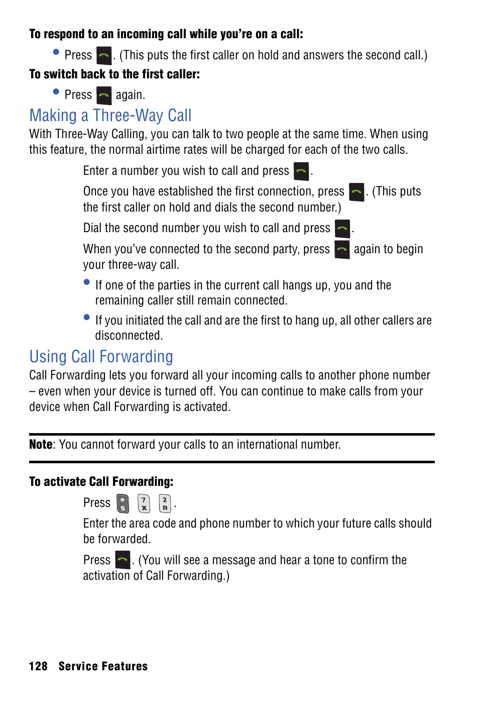 Making a three-way call, Using call forwarding | Samsung SPH-I325 User Manual | Page 136 / 164