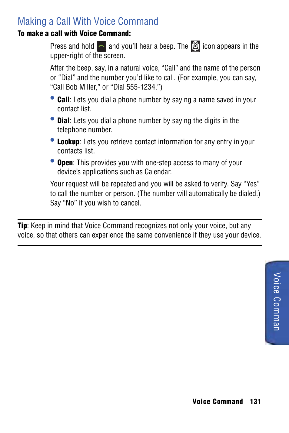 Making a call with voice command | Samsung SPH-I325 User Manual | Page 139 / 164