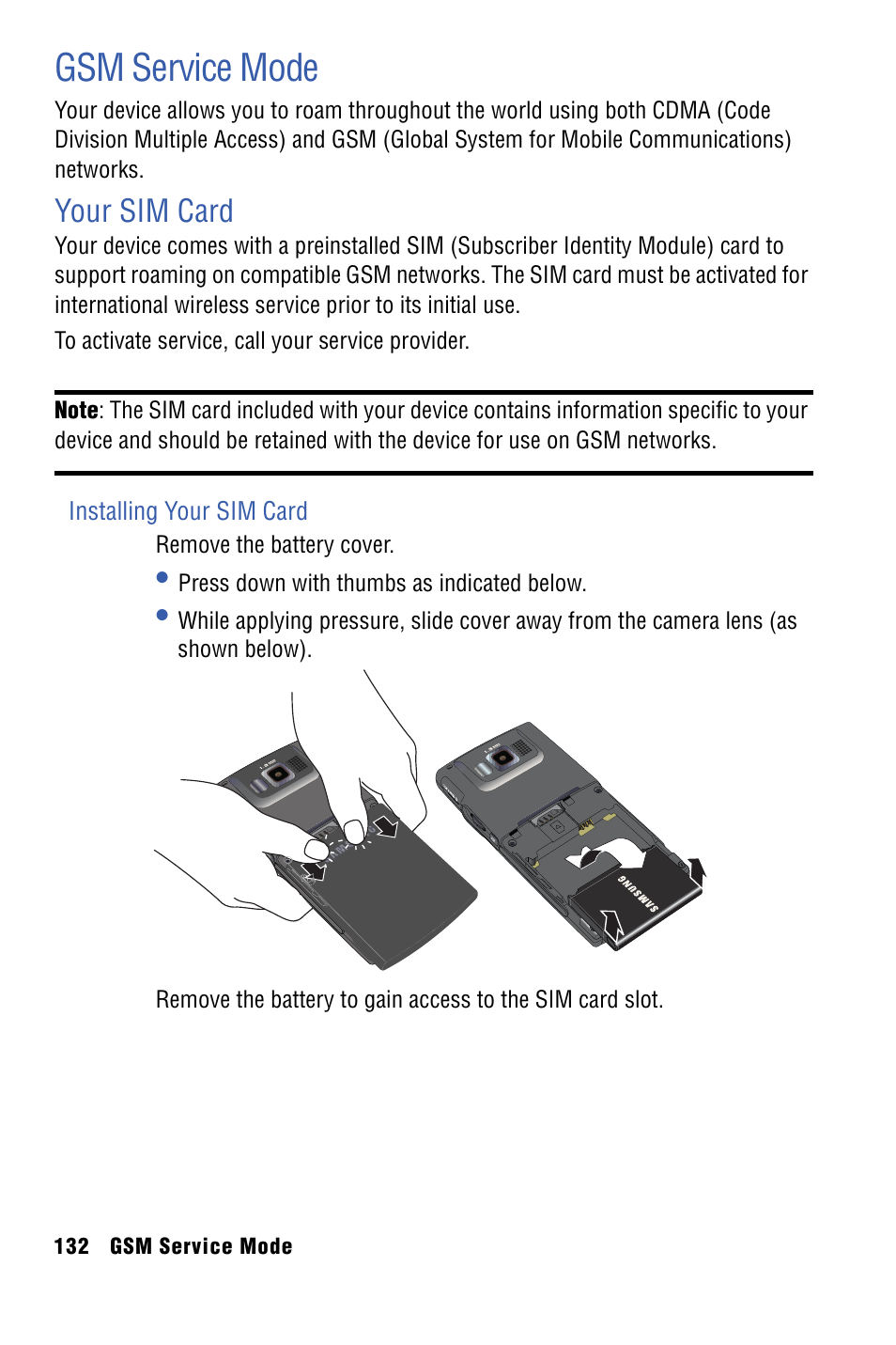 Gsm service mode, Your sim card | Samsung SPH-I325 User Manual | Page 140 / 164