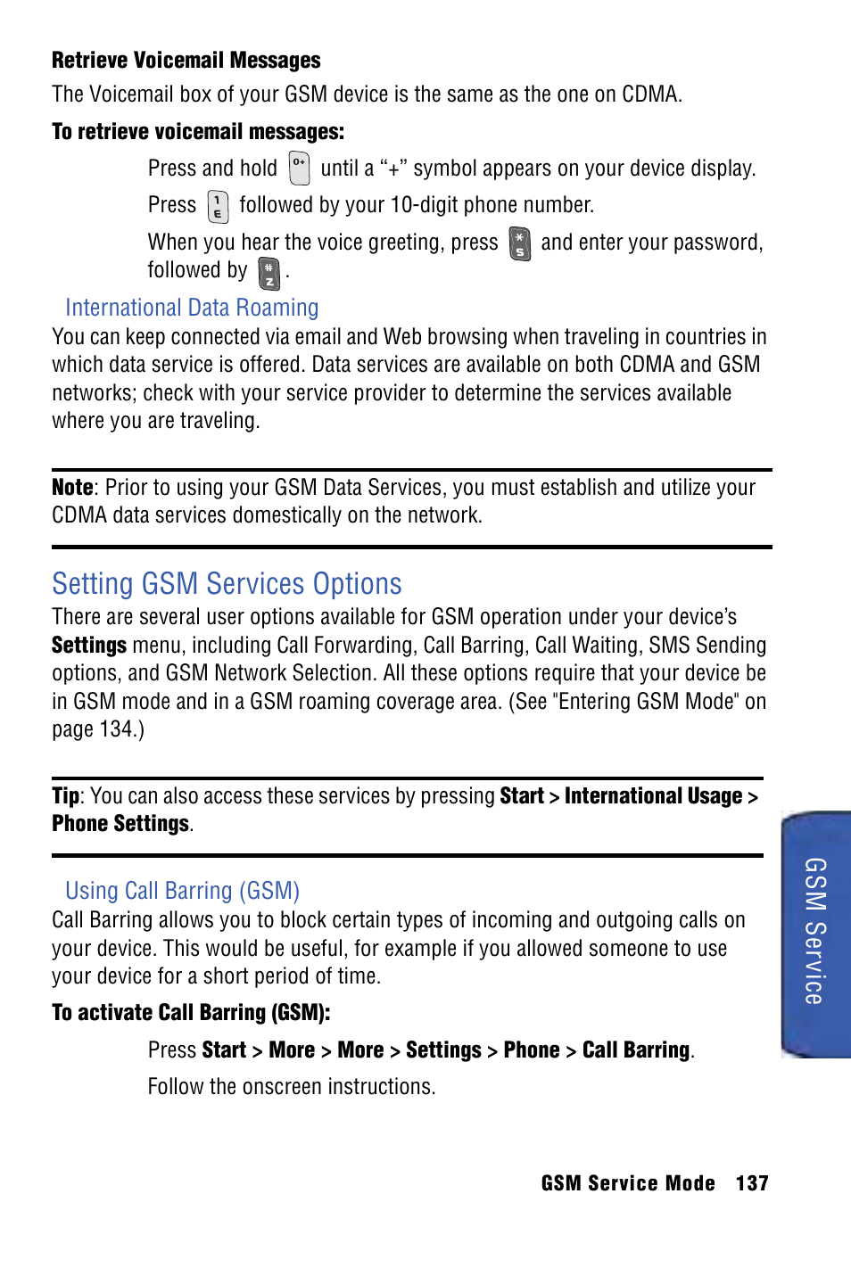 Setting gsm services options, Gsm s e rvice | Samsung SPH-I325 User Manual | Page 145 / 164