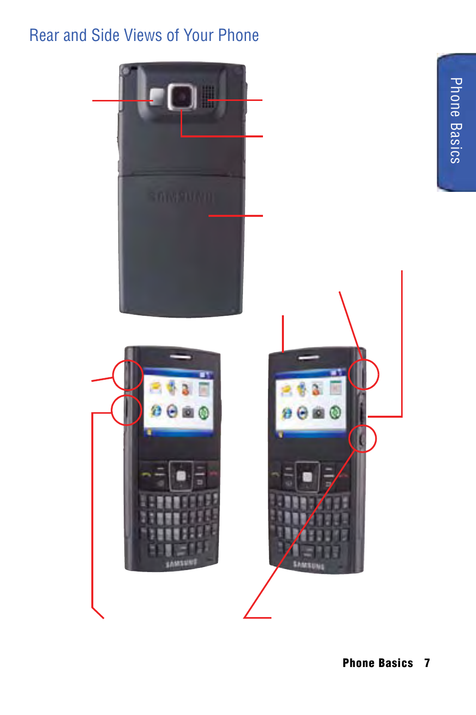 Rear and side views of your phone, Phone ba sics | Samsung SPH-I325 User Manual | Page 15 / 164