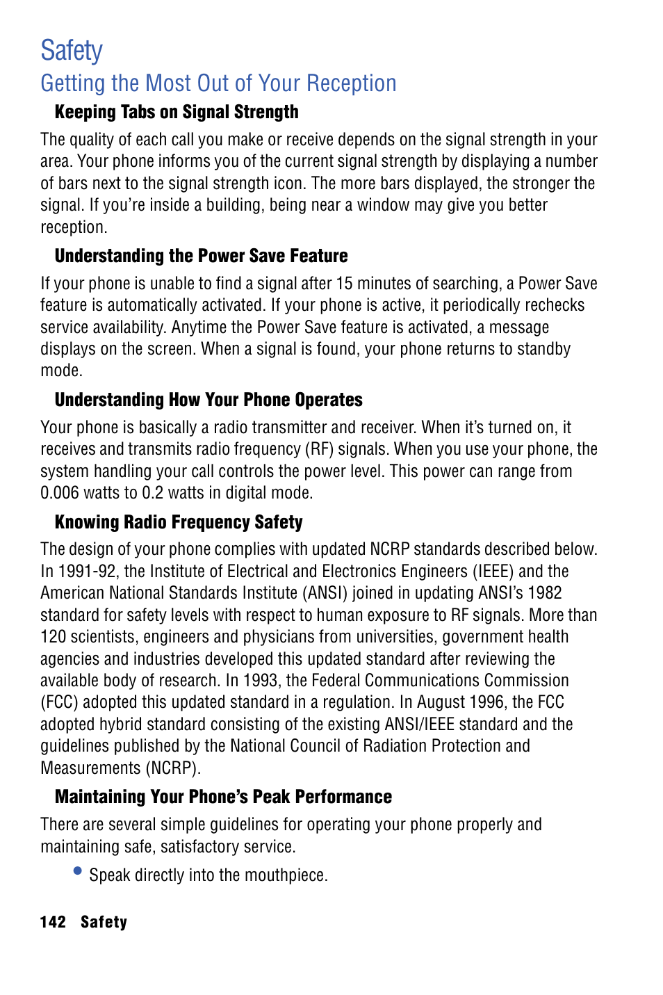 Safety, Getting the most out of your reception | Samsung SPH-I325 User Manual | Page 150 / 164