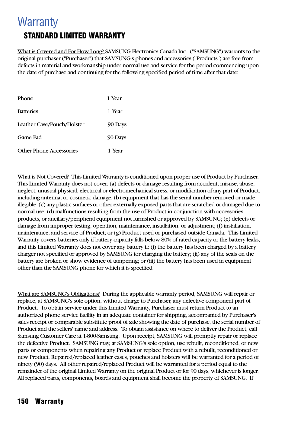 Warranty | Samsung SPH-I325 User Manual | Page 158 / 164