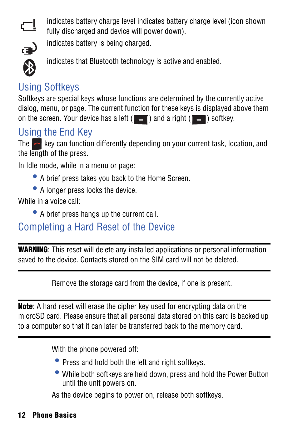 Using softkeys, Using the end key, Completing a hard reset of the device | Samsung SPH-I325 User Manual | Page 20 / 164
