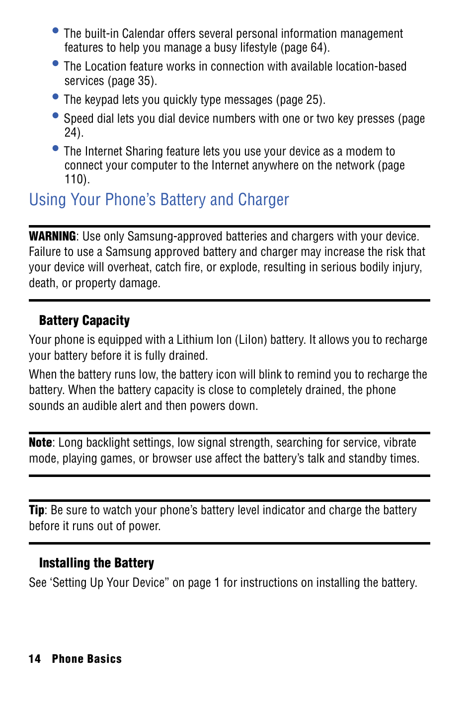 Using your phone’s battery and charger | Samsung SPH-I325 User Manual | Page 22 / 164