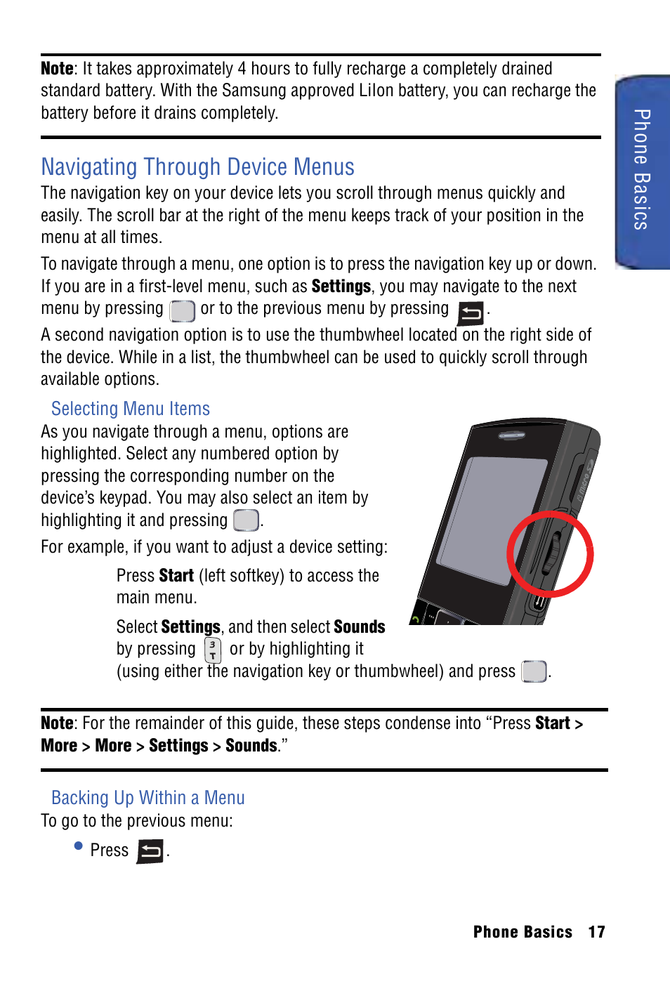 Navigating through device menus, Selecting menu items, Phone ba sics | Samsung SPH-I325 User Manual | Page 25 / 164