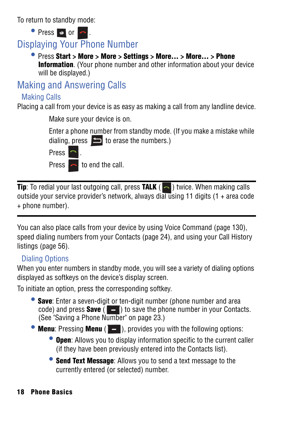 Backing up within a menu, Displaying your phone number, Making and answering calls | Samsung SPH-I325 User Manual | Page 26 / 164