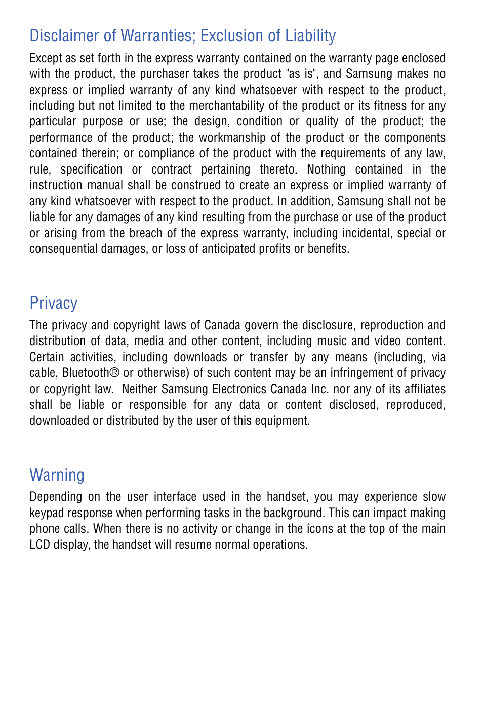 Disclaimer of warranties; exclusion of liability, Privacy, Warning | Samsung SPH-I325 User Manual | Page 3 / 164
