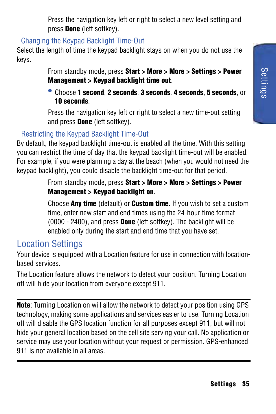 Location settings, Settings | Samsung SPH-I325 User Manual | Page 43 / 164