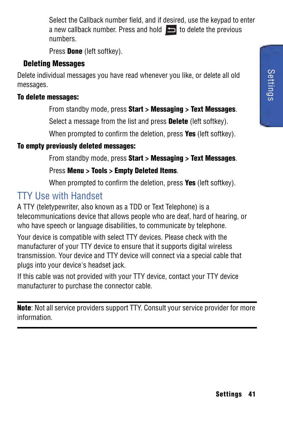 Tty use with handset, Settings | Samsung SPH-I325 User Manual | Page 49 / 164