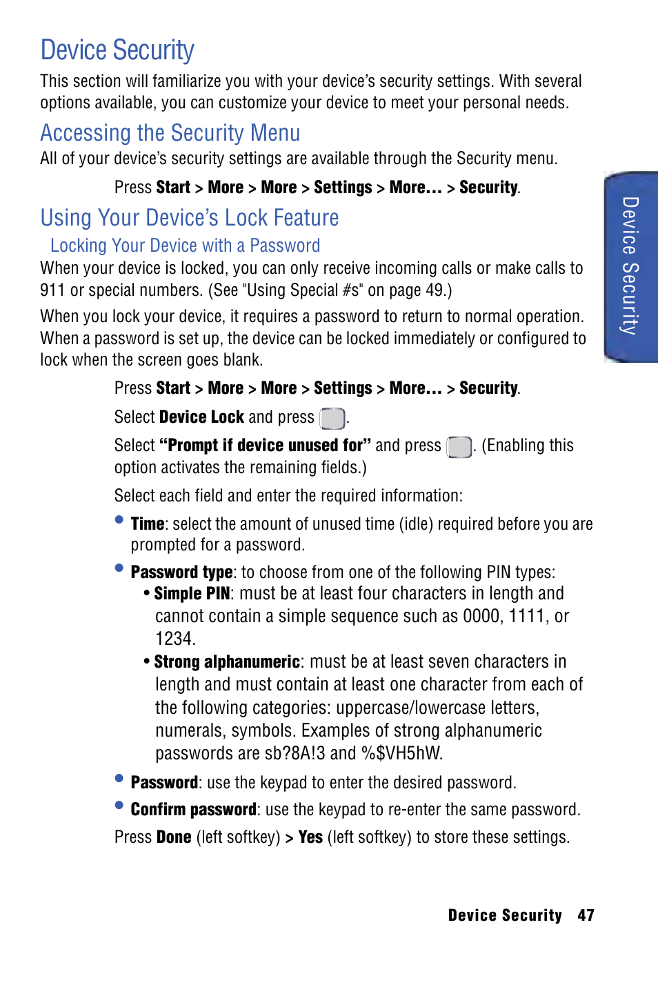 Device security, Accessing the security menu, Using your device’s lock feature | Samsung SPH-I325 User Manual | Page 55 / 164