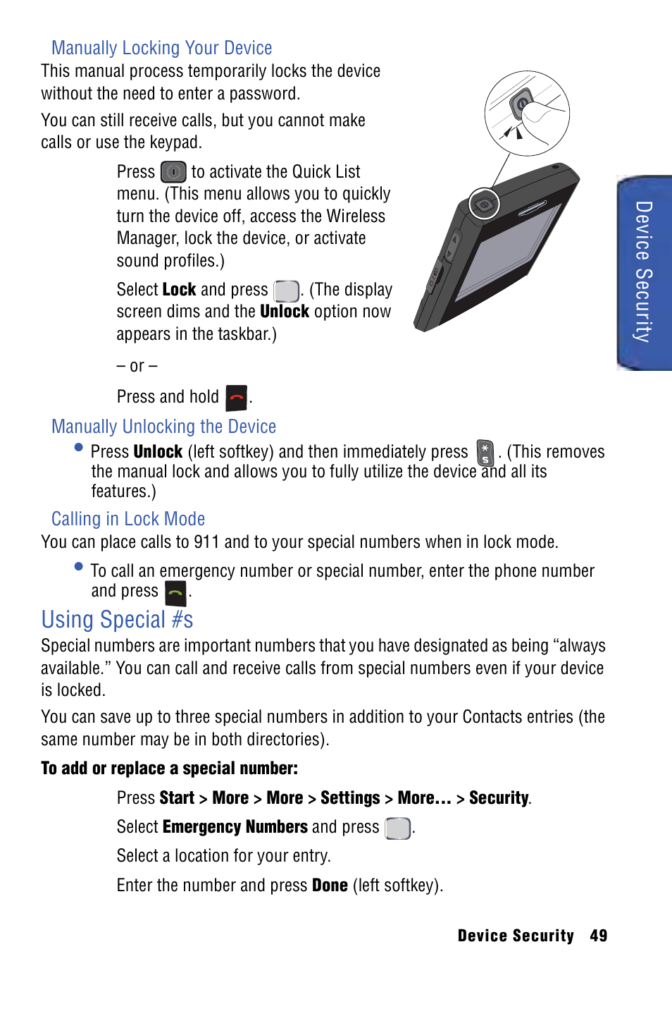 Using special #s, Device security | Samsung SPH-I325 User Manual | Page 57 / 164