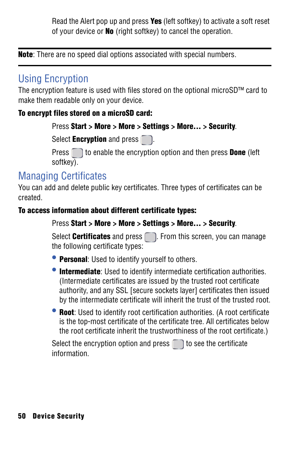 Using encryption, Managing certificates | Samsung SPH-I325 User Manual | Page 58 / 164