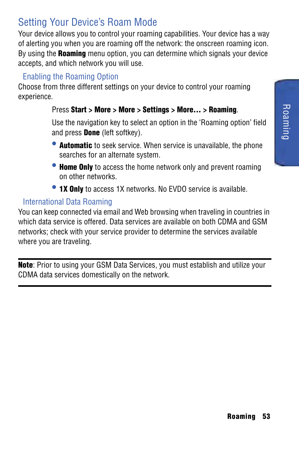 Setting your device’s roam mode | Samsung SPH-I325 User Manual | Page 61 / 164