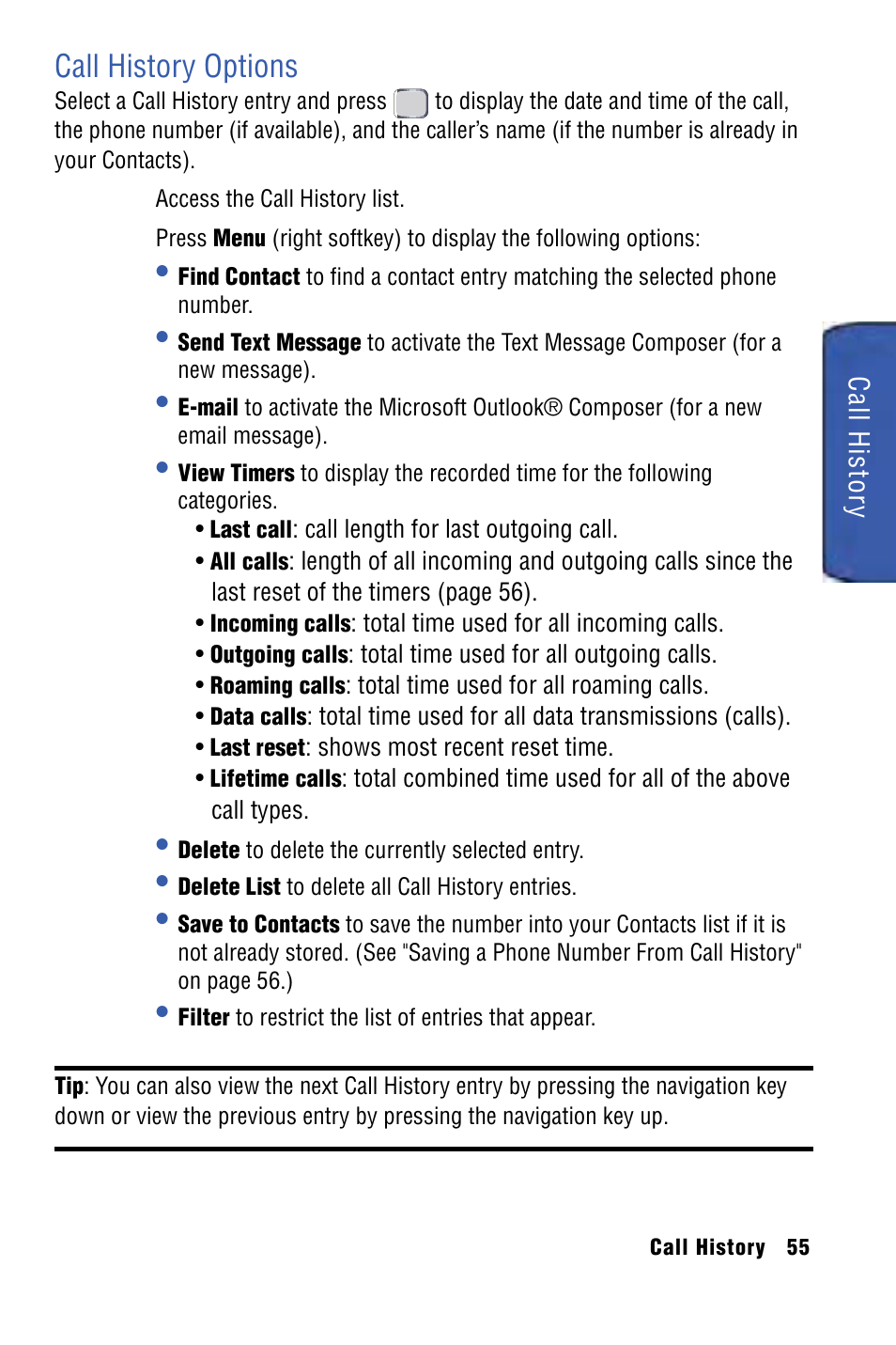 Call history options | Samsung SPH-I325 User Manual | Page 63 / 164